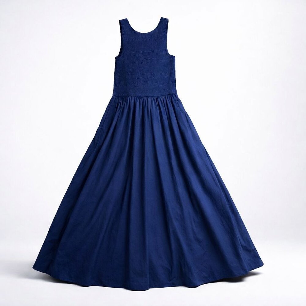 Madewell The Melody Scoopback Smocked Midi Dress Blue Moon Small Pockets NWT